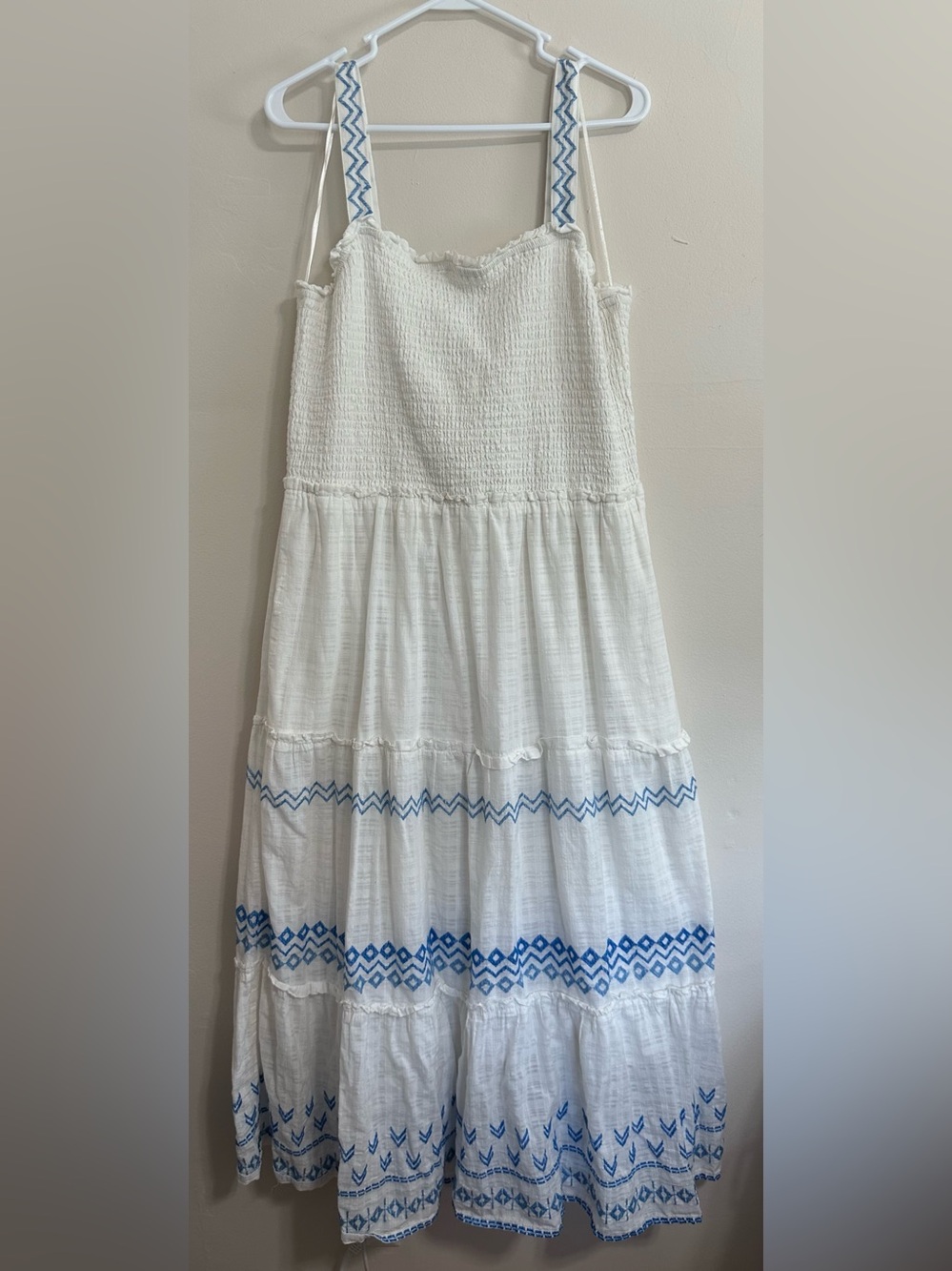 Draper James RSVP White Blue Embroidered Maxi Dress XXL Smocked